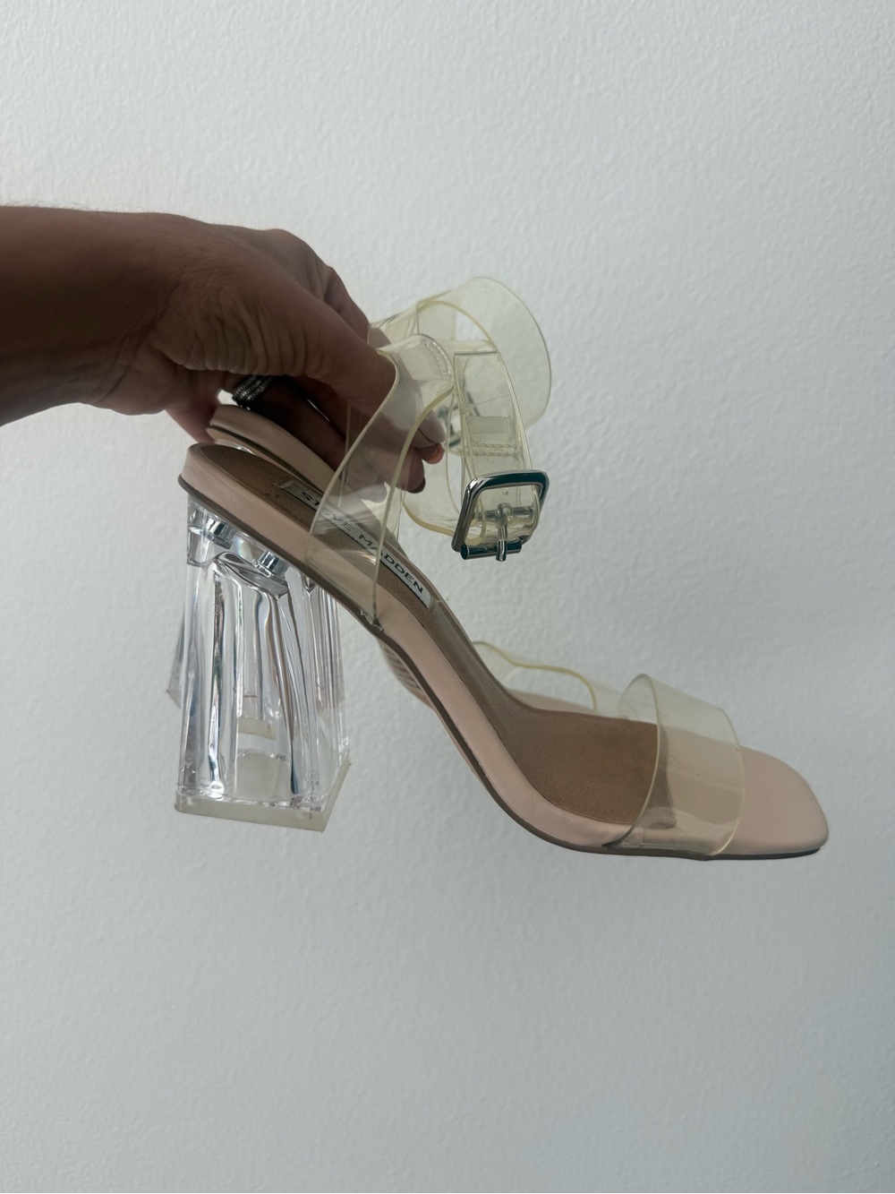 Steve Madden Clear Strap Block Heel Sandals in Nude